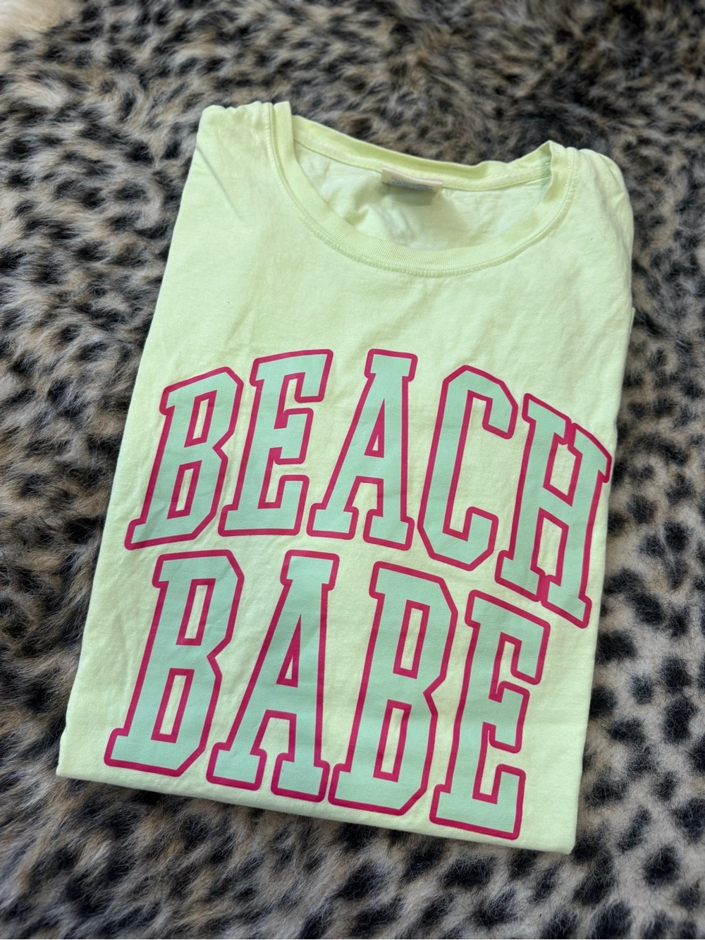 Beach Babe Comfort Wash T-Shirt - Light Green with Pink Print
